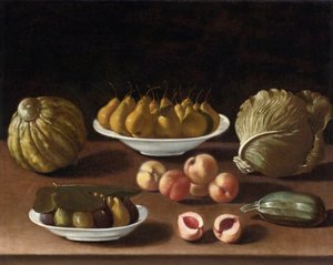 Stillleben mit Birnen, Pfirsichen, Feigen, Melone, Kohl und Kürbis