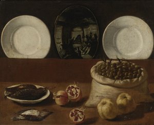 Stillleben mit Tellern, einem Sack voller Oliven, Wild, Granatäpfeln und Quitten