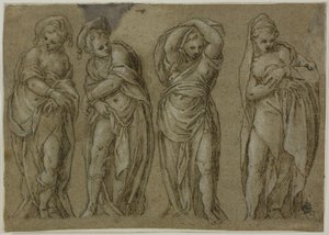Vier stehende, drapierte weibliche Figuren von Paolo Farinati
