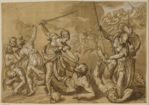 Gerechtigkeit, Merkur und Minerva besiegen die Laster, während eine Gruppe Göttinnen aus den Wolken zuschaut von Paolo Farinati