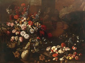 Stillleben mit Blumen, Früchten, Pilzen und Vögeln