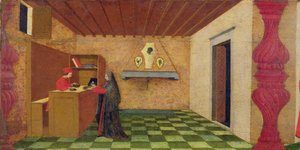Predella der Profanation der Hostie: Die Christin wird gezwungen, ihren Mantel zum Preis der geweihten Hostie bei einem jüdischen Pfandleiher einzulösen (Detail) von Paolo Uccello