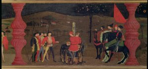 Predella der Profanation der Hostie: Der jüdische Pfandleiher und seine Familie werden auf dem Scheiterhaufen verbrannt, weil sie die geweihte Hostie geröstet haben, ca. 1468 (Detail)