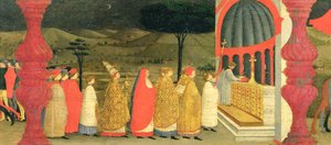 Predella der Profanation der Hostie: Der Papst bringt die geweihte Hostie zum Altar zurück, ca. 1468 (Detail) von Paolo Uccello