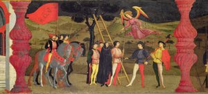 Predella der Profanation der Hostie: Die reuige Christin wird für das Verpfänden der geweihten Hostie gehängt, ca. 1468 (Tempera auf Tafel) (Detail) von Paolo Uccello