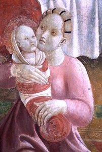 Das Leben der Jungfrau und des Heiligen Stephanus, Detail, das eine Mutter und ein Kind zeigt, aus der Cappella dell"Assunta von Paolo Uccello