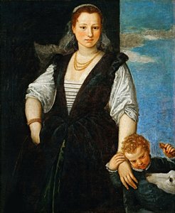 Porträt einer Frau mit einem Kind und einem Hund Isabella Guerrieri Gonzaga Canossa, 1547-1548 von Paolo Veronese