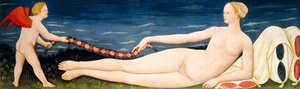 Venus auf Kissen, die einen Blumenkranz mit einem Putto hält von Paolo di Stefano Badaloni Schiavo