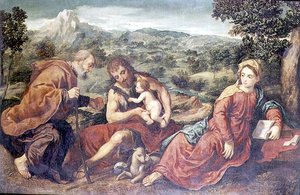 Heilige Familie mit Johannes dem Täufer in einer Landschaft von Paris Bordone
