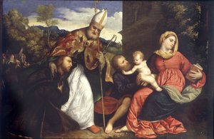 Heilige Familie mit St. Ambrosius, der einen Stifter präsentiert von Paris Bordone