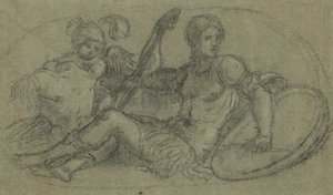 Sitzende männliche Figur mit Putto und Rüstung