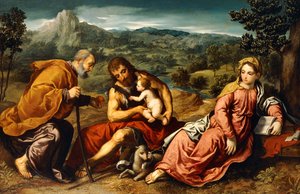 Die Heilige Familie mit Johannes dem Täufer in einer Landschaft, 1545-50 von Paris Bordone