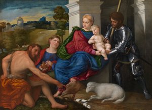 Die Jungfrau und das Kind mit den Heiligen Johannes dem Täufer, Maria Magdalena und Georg (möglicherweise), ca. 1524 von Paris Bordone