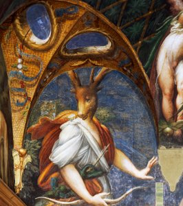 Actaeon wird von Diana in einen Hirsch verwandelt, Detail aus dem Saal der Diana und Acteon von Parmigianino