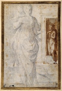 Rückansicht einer Frau mit einem Kind; ein Mann lehnt an seinem Stock und wartet in einer Tür von Parmigianino
