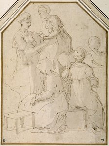 Hausgruppe, zwei stehende Frauen und vier sitzende von Parmigianino