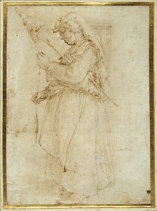 Alte Frau mit einer Spindel, die vor einem Kamin steht von Parmigianino