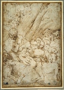 Hirtenjunge mit einer Pfeife, ruht unter einem Baum mit seinem Hund und ihrer Herde von Parmigianino