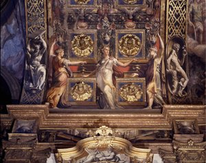 Drei der fünf törichten Jungfrauen. Detail der Fresken von Francesco Mazzola, bekannt als Parmigianino, die das Hauptgewölbe der Hauptkapelle der Kirche Madonna della Steccata in Parma schmücken von Parmigianino