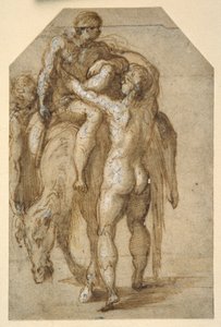 Zwei nackte Männer heben einen kranken Mann von einem müden Pferd von Parmigianino
