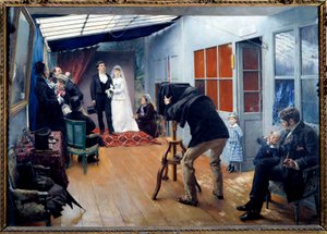 Eine Hochzeit mit dem Fotografen im Jahr 1879. Paar junger Brautleute posiert im Fotostudio. Gemälde von Pascal Adolphe Jean Dagnan-Bouveret (1852-1929) von Pascal Adolphe Jean Dagnan Bouveret