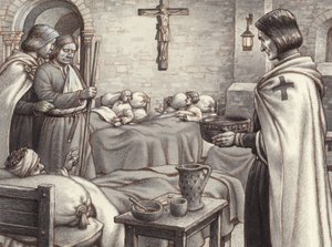 Gottfried von Bouillon beobachtet Benediktinermönche, die sich um die Verwundeten kümmern