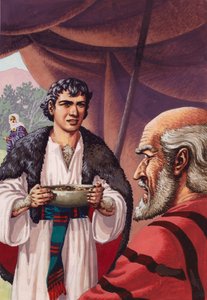 Jakob, verkleidet, bringt seinem Vater Isaak ein Gericht mit heißem Hirschfleisch
