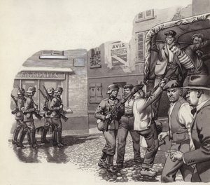 Ein deutscher Soldat hilft Gefangenen, aus einem Lastwagen zu fliehen