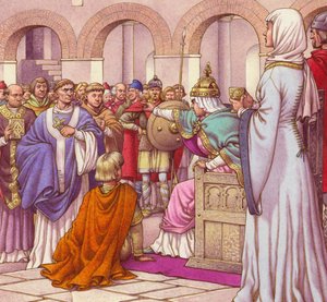 Brunehilda, Königin der Burgunder, vertreibt Columbanus