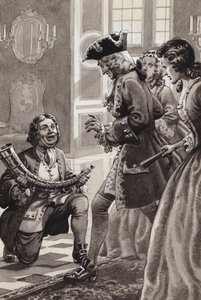 Erik Lassen überreicht König Christian VI. von Dänemark ein goldenes Horn