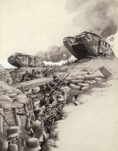 Panzer rollen über deutsche Schützengräben während des Ersten Weltkriegs