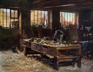 Die Werkstatt des Zimmermanns (Farblithografie)