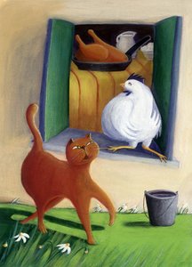 Katze und Huhn im Hof des Bauernhofs - Illustration von Patrizia La Porta von Patrizia La Porta
