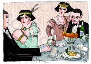 Illustration eines weltlichen Abendessens in „Gatsby der Prächtige“ von dem amerikanischen Schriftsteller Francis Scott Fitzgerald (1896-1940) (Der große Gatsby) Zeichnung von Patrizia Laporta von Patrizia La Porta