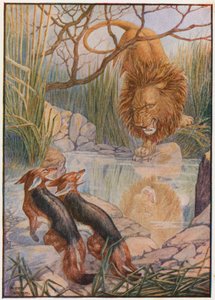 Ein Löwengesicht blickte ihm aus dem Wasser entgegen (Farblithografie) von Patten Wilson