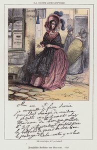 Frau geht einen Brief einwerfen, französische Karikatur von Paul (after) Gavarni