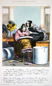 Arbeiter in einem Hutmacherbetrieb schreibt einen Brief, ca. 1840 (Farblithografie) von Paul (after) Gavarni