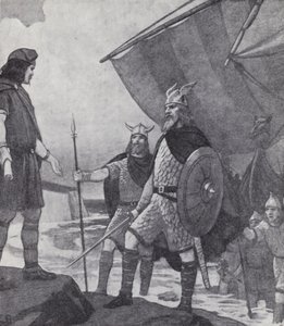 Die Brüder Hengist und Horsa kommen während der Invasion der Angeln, Sachsen und Jüten im 5. Jahrhundert in Ebbsfleet, Isle of Thanet, Kent, an (Lithografie) von Paul (after) Hardy