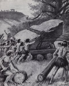 Paläolithische Männer bewegen eine riesige Steinplatte auf Rädern (Lithografie) von Paul (after) Hardy