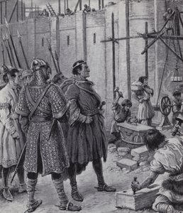 Wilhelm der Eroberer beaufsichtigt den Bau des Tower of London (Lithografie) von Paul (after) Hardy