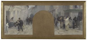 Skizze für das Pariser Rathaus, Büro des Präfekten: Transport der Verwundeten zur Ambulanz. Warteschlangen vor einem Geschäft während der Belagerung von Paris 1870 von Paul Albert Baudouin