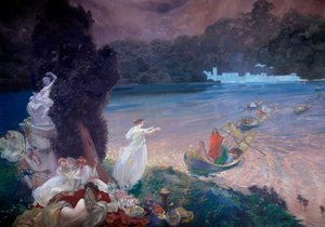 Glückliche Insel: Fabelszene mit Booten, die Gäste zu einem Bankett auf dem Rasen bringen (Detail) von Paul Albert Besnard