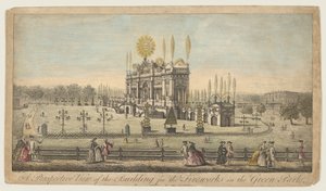 Eine perspektivische Ansicht des Gebäudes für das Feuerwerk im Green Park, London von Paul Angier