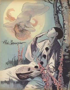 Pierrot, der einen Kuss in Richtung einer Vision einer nackten Frau bläst
