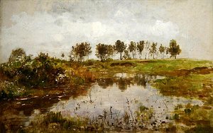Landschaft bei Dachau mit einem Teich im Vordergrund von Paul Baum