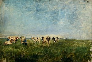 Kühe auf einer Wiese beim Melken von Paul Baum