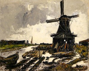 Holland, eine Kanallandschaft mit einer Holzsägemühle, ca. 1885 von Paul Baum
