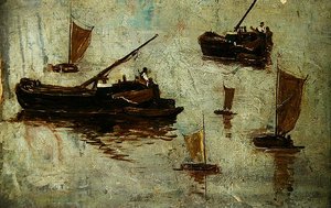 Zwei Lastkähne und vier kleine Segelboote auf dem Wasser