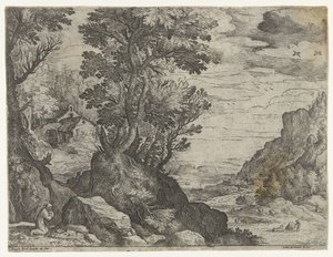 Berglandschaft mit betendem Einsiedler
