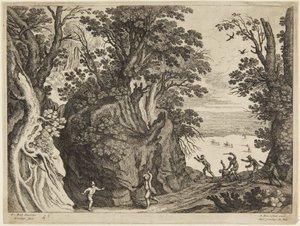 Kampf unter Männern in felsiger Landschaft von Paul Bril